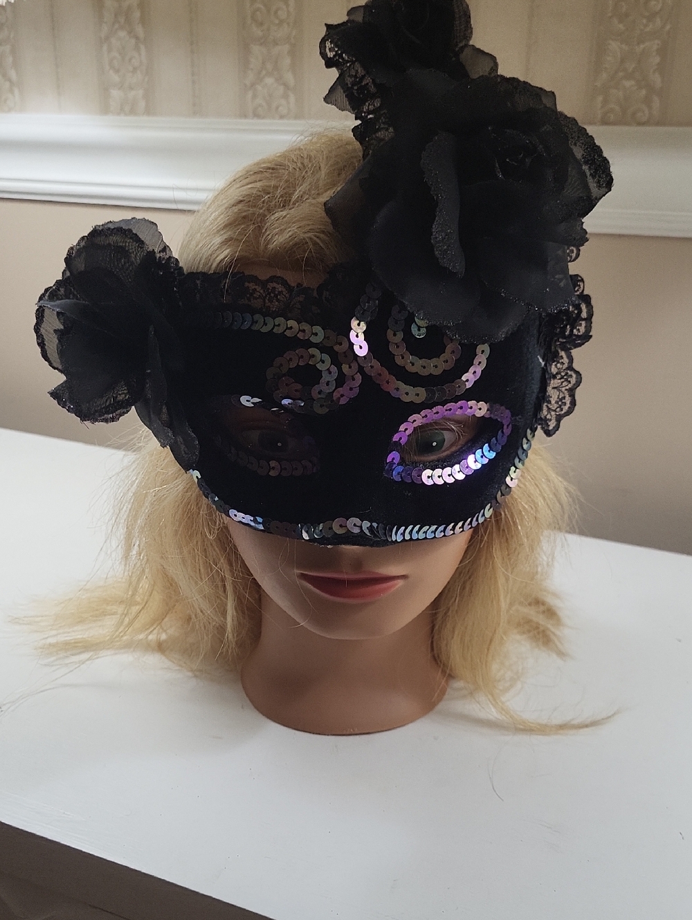Black Lace & Sequin Masquerade Mask with Floral Accent, One Size